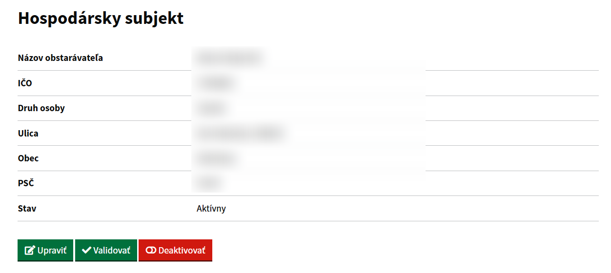 IS EVO – detail hospodárskeho subjektu