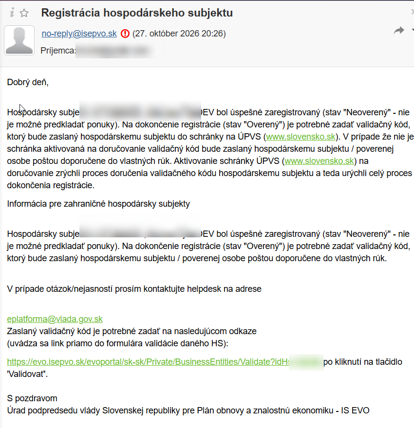 E-mail z IS EVO po registrácii hospodárskeho subjektu