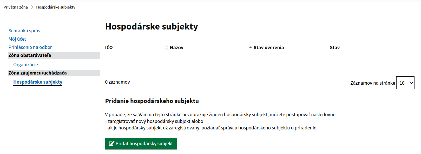 IS EVO – Hospodárske subjekty
