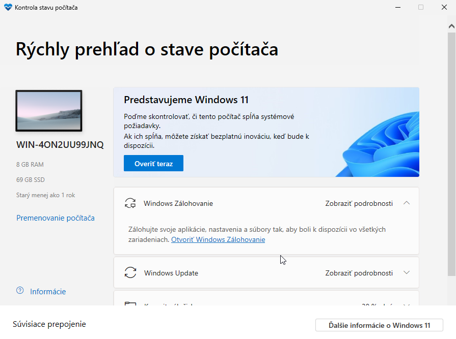 Aplikácia Kontrola stavu počítača s tlačidlom Overiť teraz
