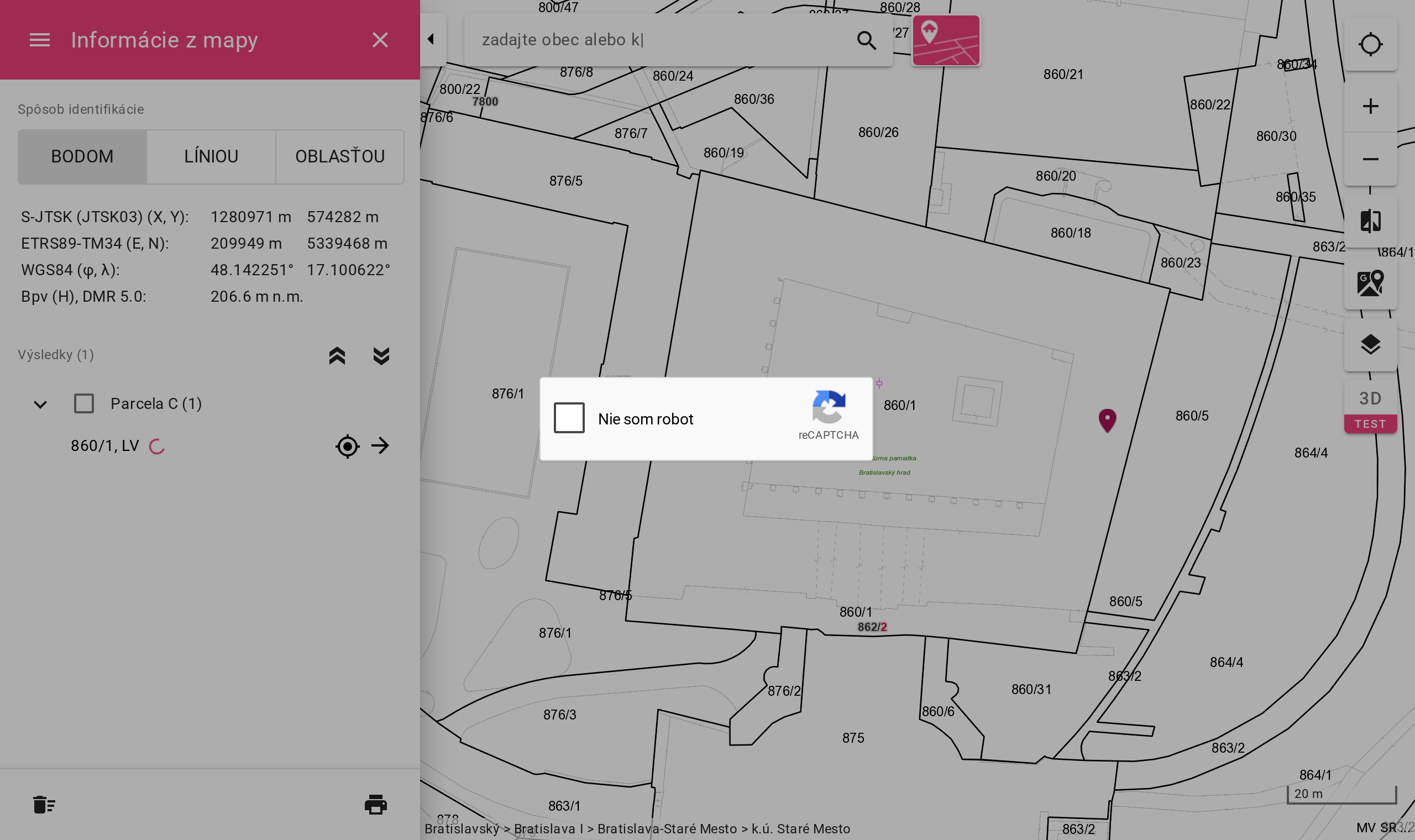 MAPKA – panel Informácie z mapy s nájdenou parcelou registra C