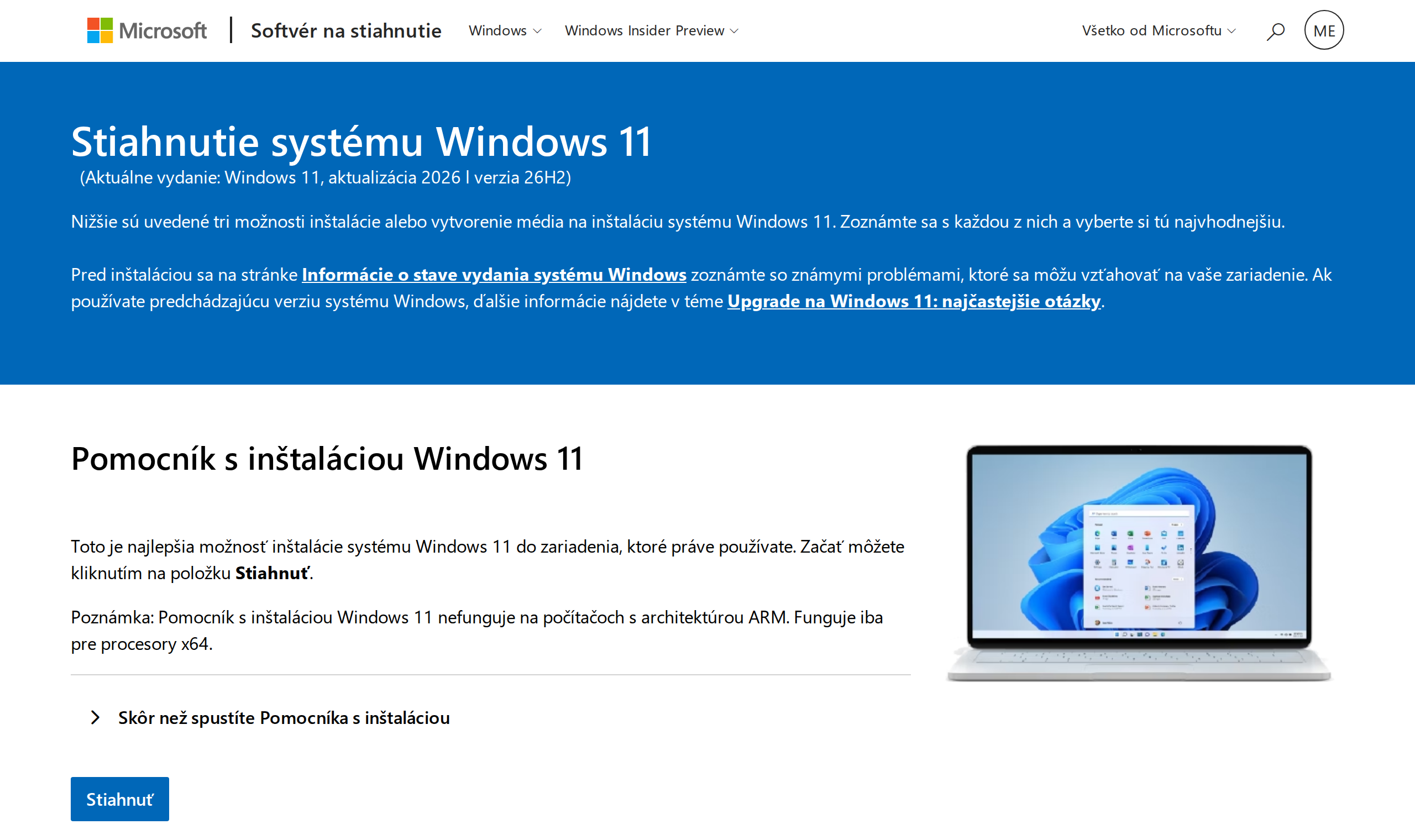 Stránka Microsoftu Stiahnutie systému Windows 11 s časťou Pomocník s inštaláciou Windows 11