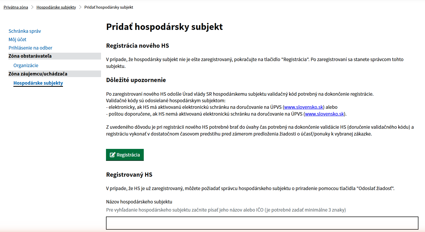 IS EVO – Pridať hospodársky subjekt