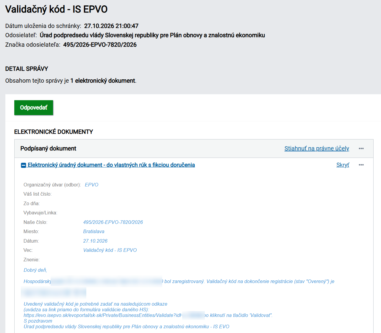 Schránka na slovensko.sk – správa Validačný kód - IS EPVO