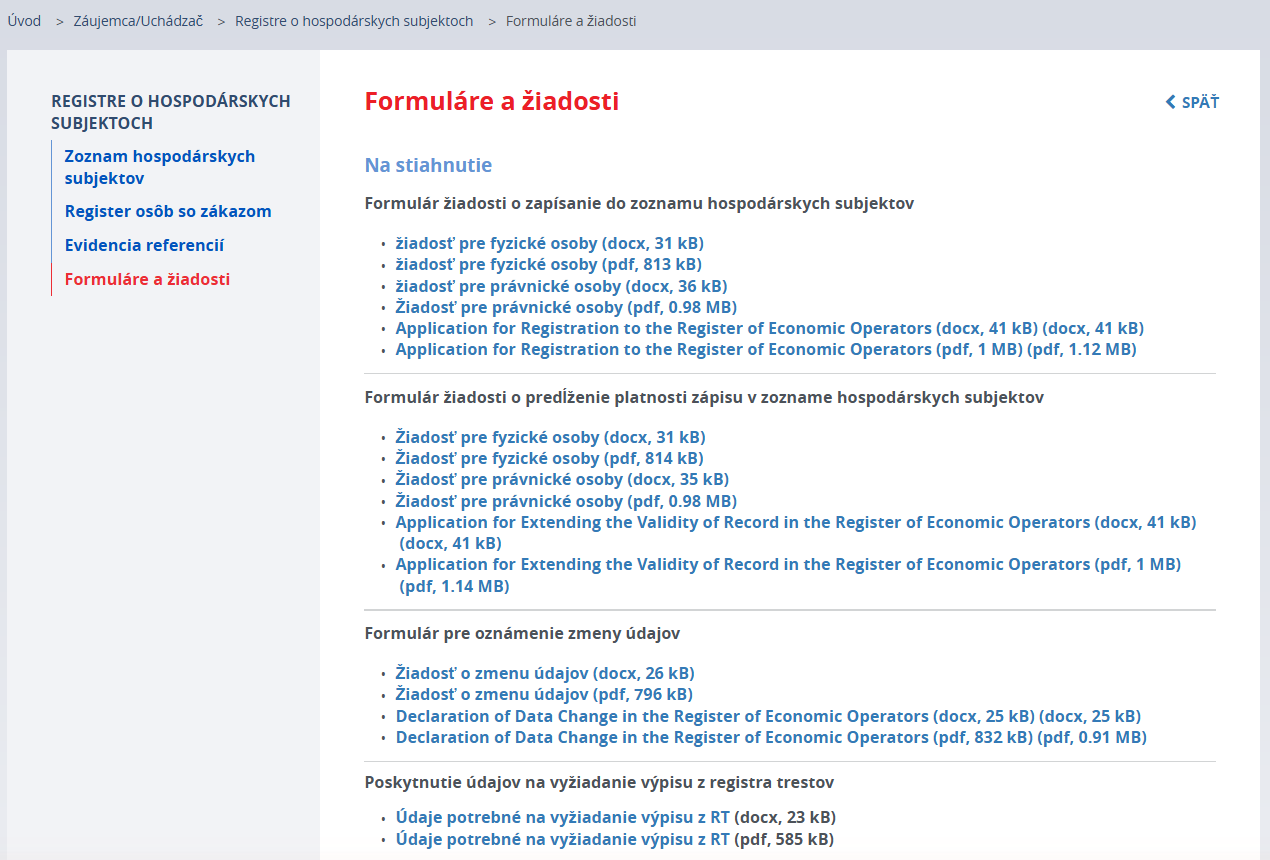 Web ÚVO – Formuláre a žiadosti