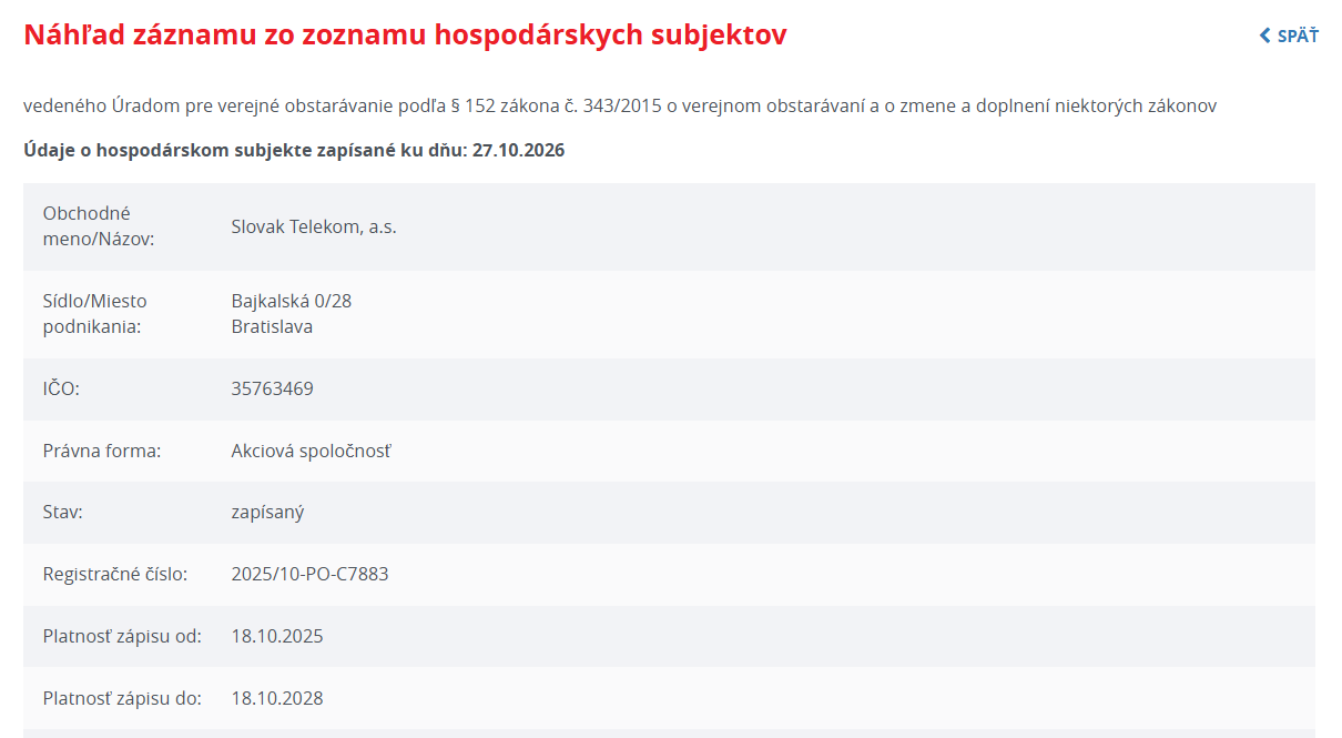 Náhľad záznamu zo zoznamu hospodárskych subjektov