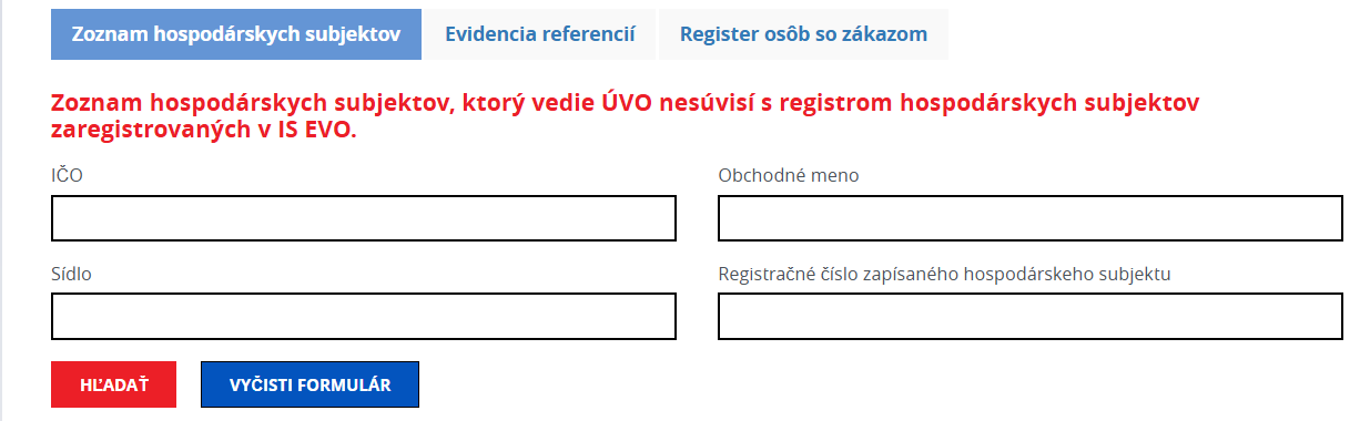 Web ÚVO – vyhľadávanie v zozname hospodárskych subjektov