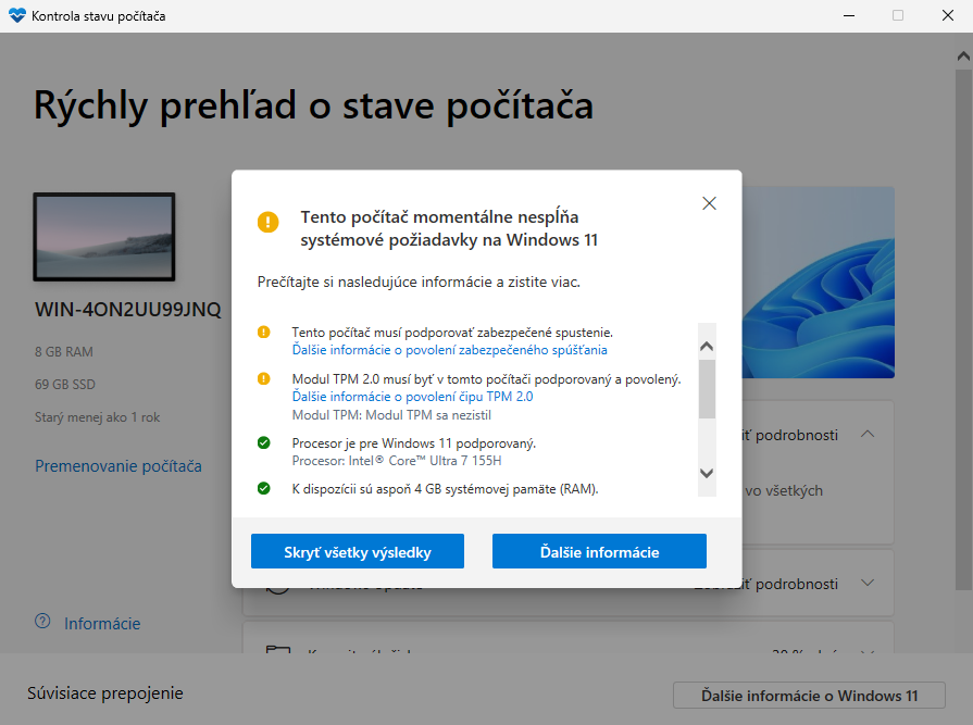 Zoznam všetkých výsledkov kontroly požiadaviek Windows 11